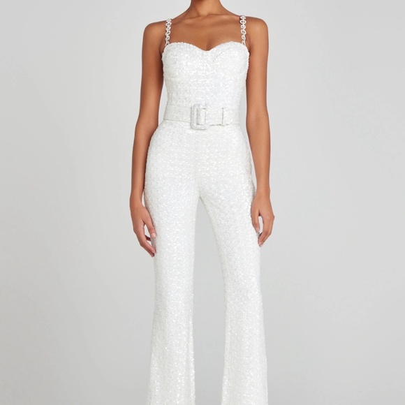 Nadine Merabi Lucinda white jumpsuit w/ rhinestone straps. Size 4 (small)